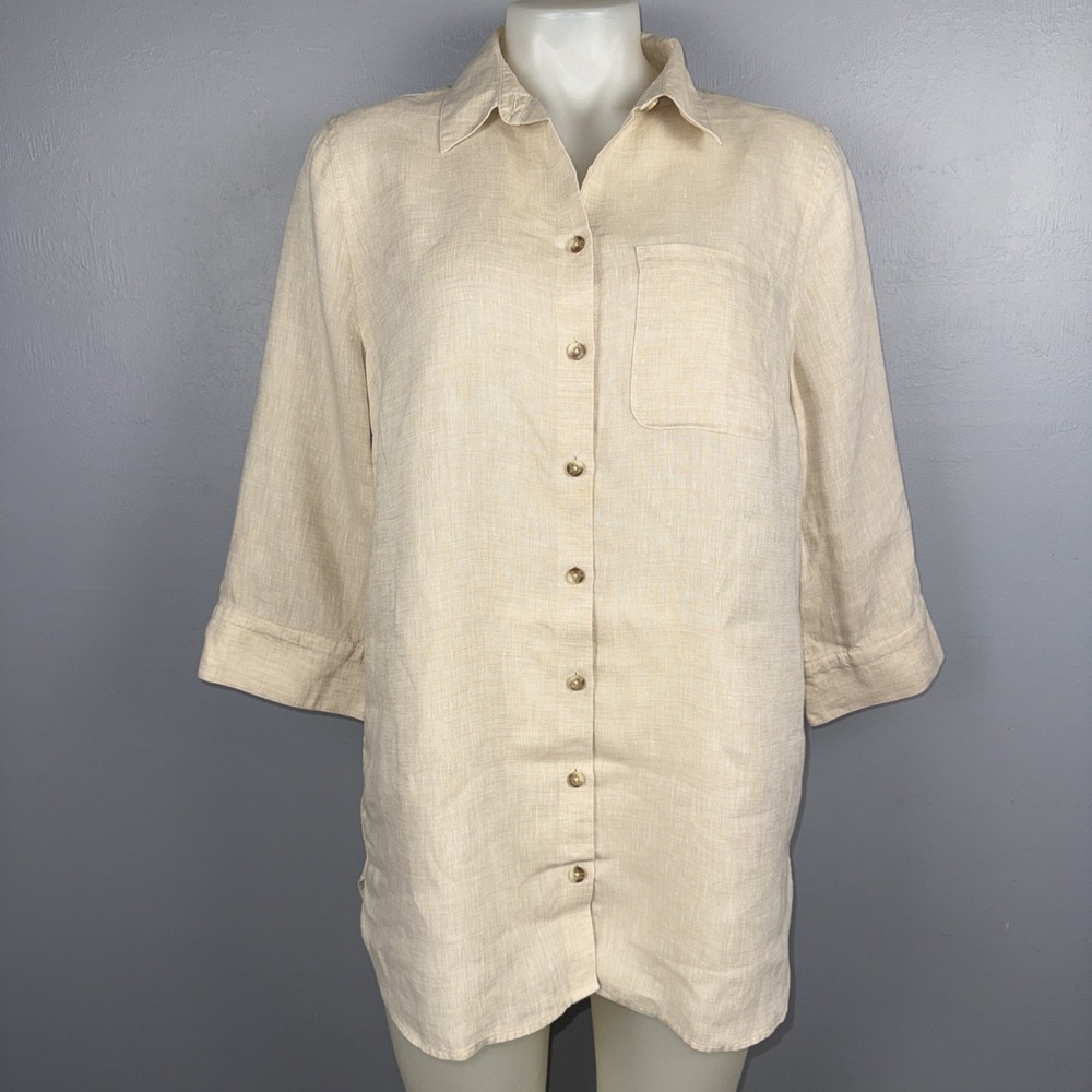 Chicos Shirt Women's 1 Beige Oatmeal No Iron Linen Button Up Coastal Lagenlook